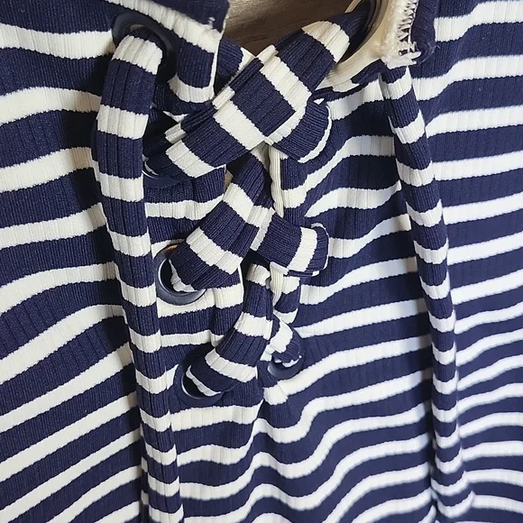 Aerie Striped Ribbed Lace Up Swimsuit Navy and White - Picture 5 of 10